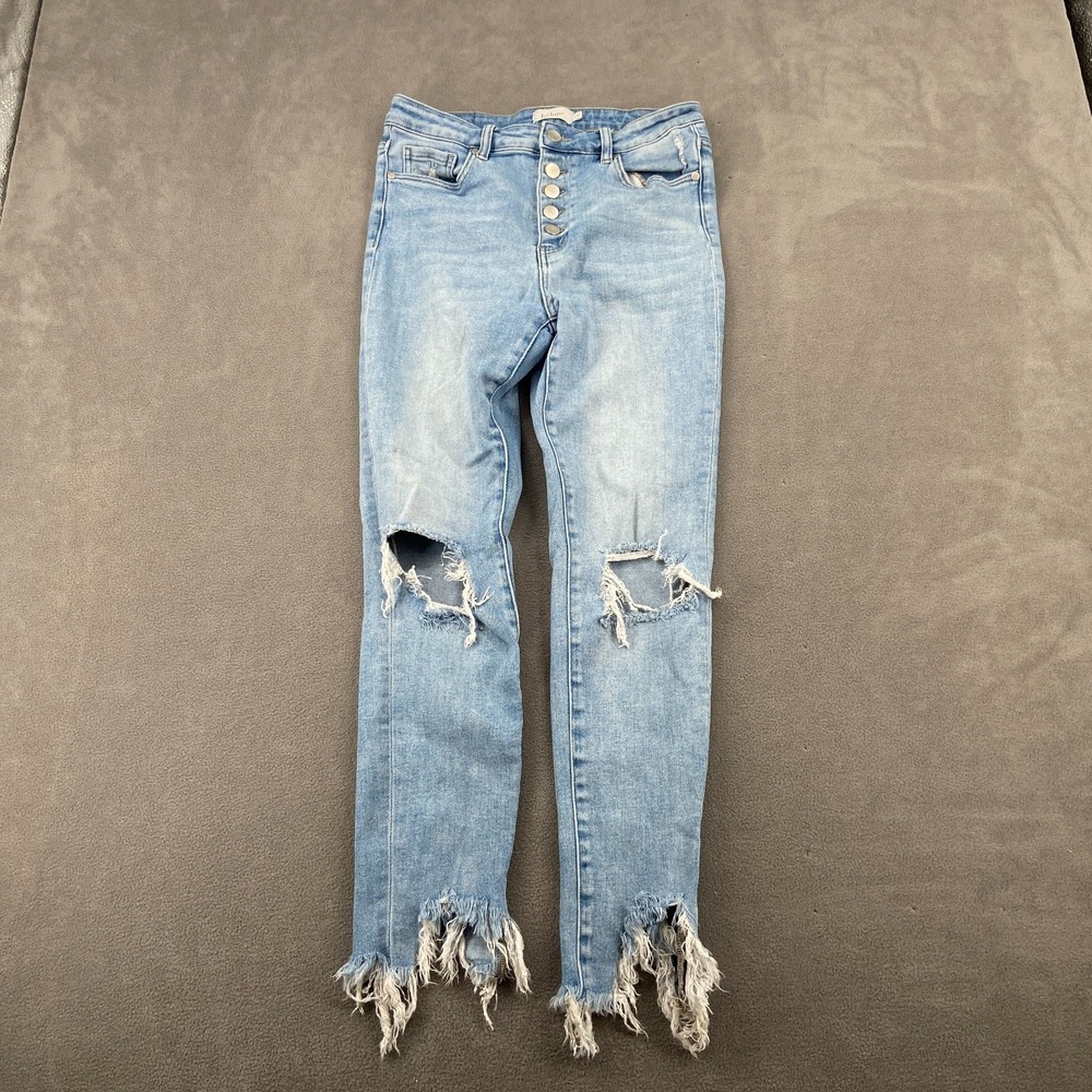 Bohme Jeans Womens 29 Blue Denim Cotton Distressed Mid Rise Skinny Leg Raw Hem